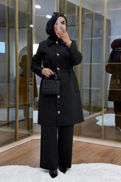 Gold Düğmeli Beli büzgülü Scuba Takım Siyah