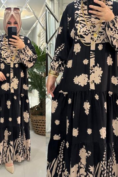 Alaçatı elbise viskon kumaş siyah Siyah