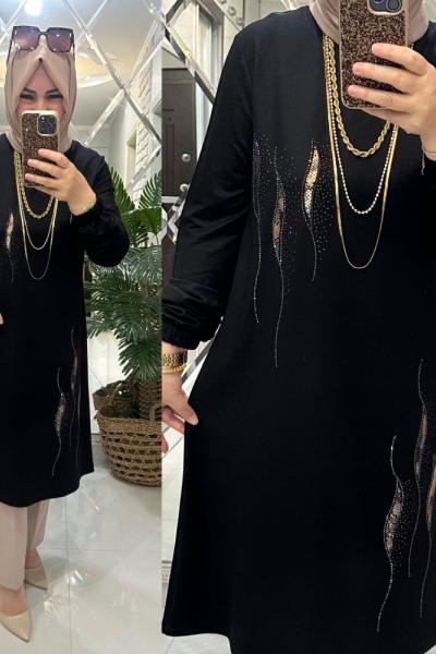 Alev tunik kristal penye kumaş siyah Siyah
