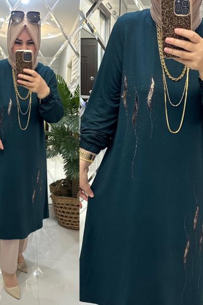 Alev tunik kristal penye kumaş petrol Petrol Yeşili