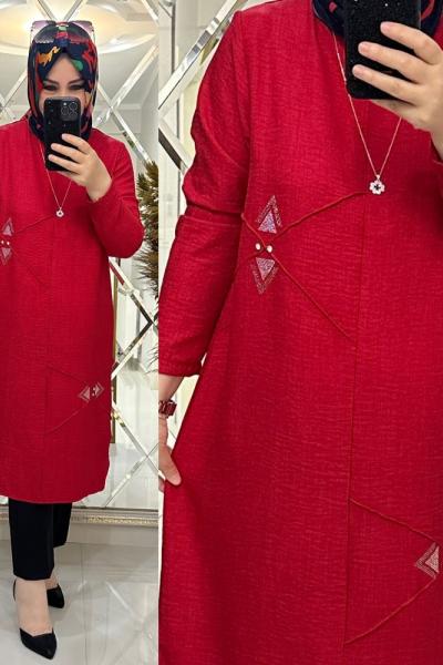 Hüsna tunik keten kumaş kırmızı Kırmızı