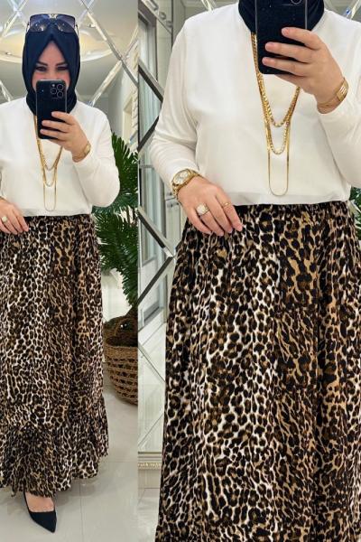Leopar ince desen viskon kumaş etek Ekru Siyah