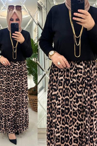 Leopar kalın desen viskon kumaş etek Siyah Kahverengi