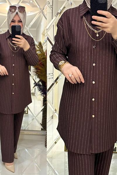 Nesibe takım örme krep kumaş kahve Kahverengi