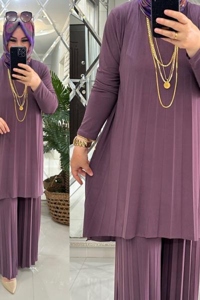 Zerrin takım piliseli sandy kumaş leylak Eflatun